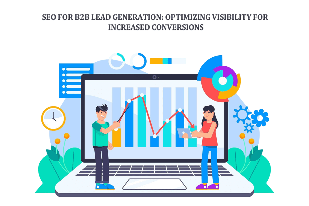 Illustration showing SEO strategies for B2B lead generation with rising graph, target icons, and business leads funnel