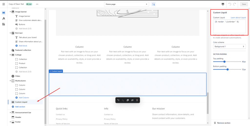 add custom code in Custom Liquid Block in shopify